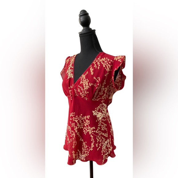 Helium: Red V Neck Top with Lace Trim - Picture 3 of 17